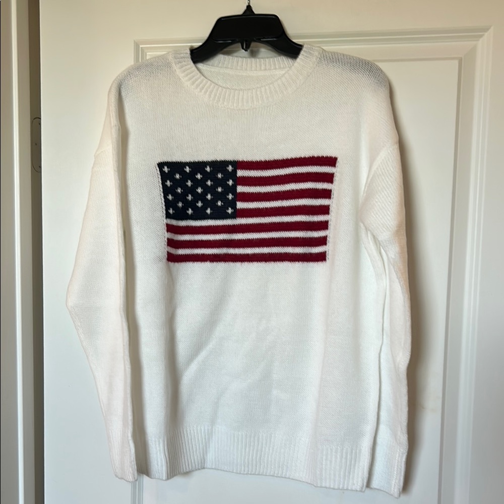 White Crew Neck Sweater with American Flag Design